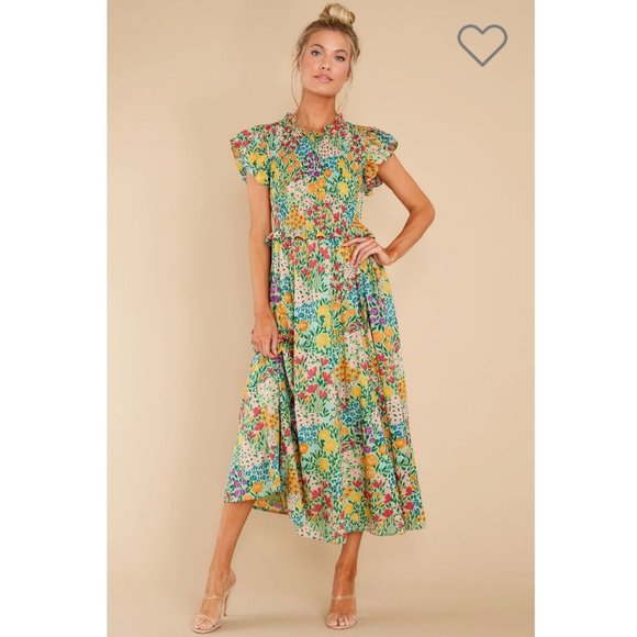 Olivia James the Label Lila Midi Dress Floral Print Meadow Mint Green Smocked L - Picture 3 of 16